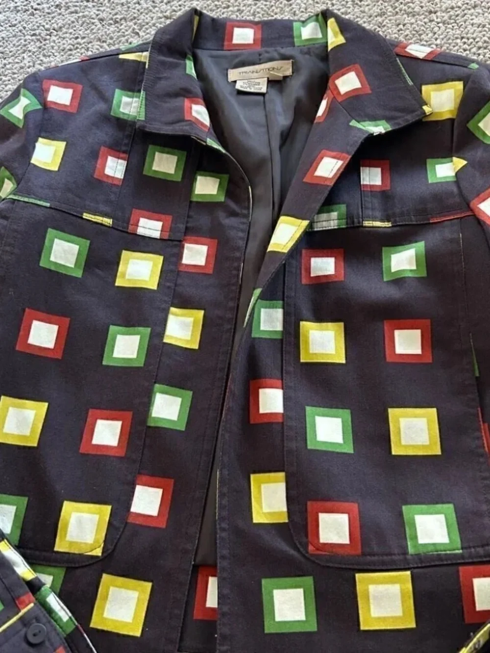 Retro Square Print Blazer Brown Structured Jacket Small 90s Workwear - Picture 4 of 6